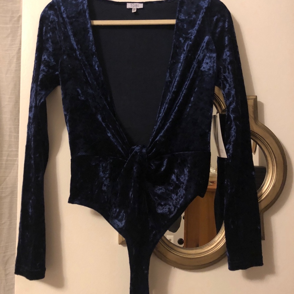 Navy Blue Velvet Plunging Bodysuit